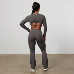 Vanquish Enhance Graphite Grey Ruched Flared Leggings -Vanquish Fitness VQFit E commerceFeb24100258