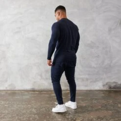 Vanquish Essential Navy Blue Slim Fit Long Sleeve T Shirt -Vanquish Fitness vanquish essential navy blue slim fit long sleeve t shirt 331876